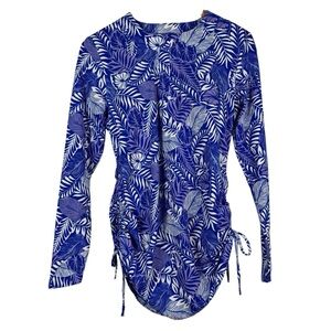 Coolibar Hokulani Ruche Swim Shirt Baja Blue Vista Palm Women's Size Small